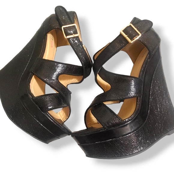 JUSTFAB - Rosella Black Strappy High Heel Party Platform Shoes with Gold Accents - Picture 4 of 7